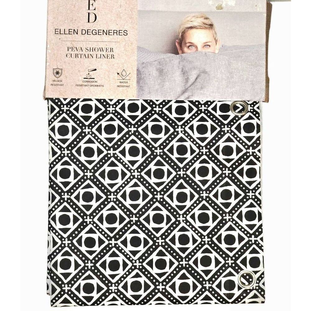 ED Ellen Degeneres Black & White Diamond Pattern PEVA Shower Curtain Liner